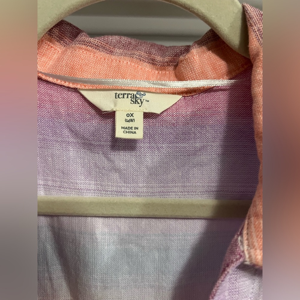 Terra & Sky Plus 0X (14W) Linen Cotton Blend Multicolor Stripe Button Front Top - Picture 5 of 11